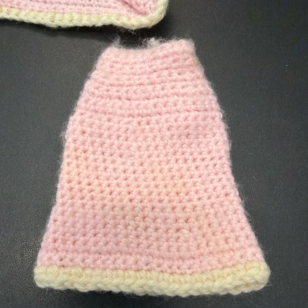 Vintage Handmade Crocheted Pink Color Dress, Barbie Size With Accessories